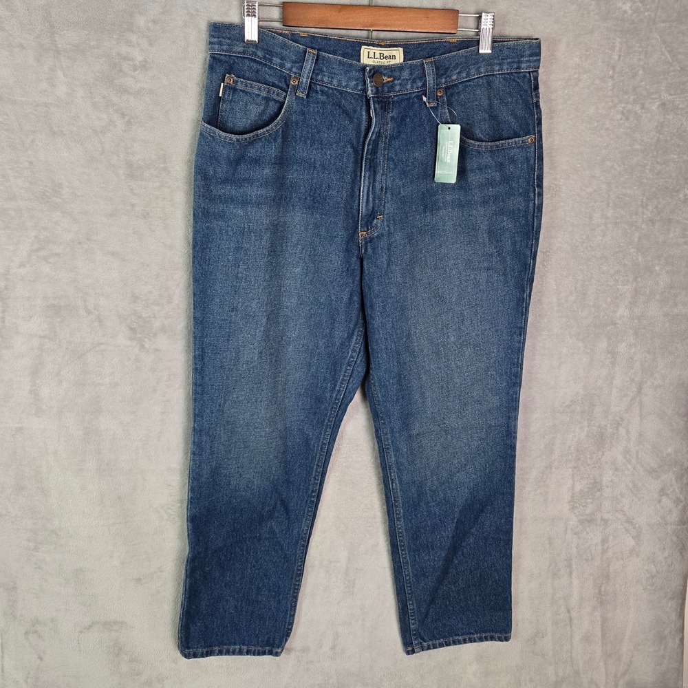 LL Bean Double L Classic Fit Jeans Mens 35x28 Washed Indigo Blue Denim NWT